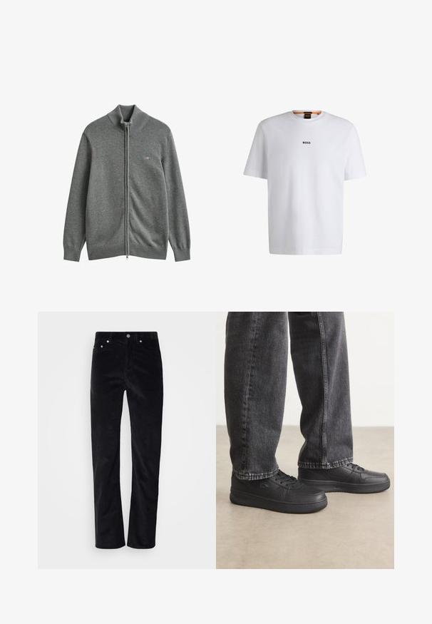 Grå strikket cardigan med lynlås, med ribstrikkede manchetter, krave og kant, med et lille broderet logo på venstre bryst.; Hvid bomuld T-shirt med korte ærmer, med et sort "BOSS" logo centreret på brystet og en rund halsudskæring.; Sorte fløjlsbukser med lige ben. Har en knaplukning og fem lomme-stil. Tekstureret ribbet stof.; Sorte lædersneakers med flade snørebånd, glat overflade, subtile perforeringer og logo detaljer, parret med mørke denim jeans.