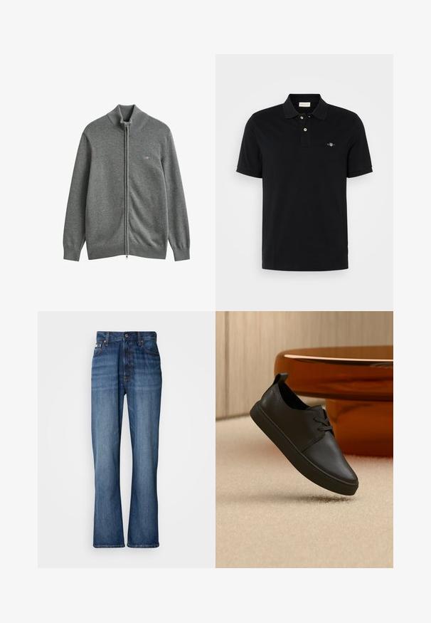 Grijze gebreide cardigan met ritssluiting, geribde manchetten, kraag en zoom, met een klein geborduurd logo op de linkerborst.; Zwarte poloshirt van katoen, met een klassieke kraag, een tweeknoopsluiting, korte mouwen en een klein geborduurd logo op de borst.; Blauwe denim jeans met een hoge taille, uitlopende pijpen, vijf-vaks ontwerp en tonale stiksels. Bevat een knopenfly en gestikte zakken.; Zwarte leren casual sneaker met veters, zwevend boven een beige tapijt, met een amberen glazen ronde tafel op de achtergrond.