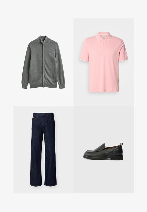 Grå strikket cardigan med lynlås, med ribstrikkede manchetter, krave og kant, med et lille broderet logo på venstre bryst.; Lyserød polo-shirt med korte ærmer, to knapper, hvid kantdetalje på krave og ærmer samt lille GANT-logo på brystet.; Mørkeblå, straight-leg denimjeans med fem-lommes design og knaplukning, vist på en ensfarvet lys baggrund.; Sorte læder slip-on sko med rund tå, struktureret overdel, kontrasterende rød syning og lav hæl. Funktioner en løkke pull tab.
