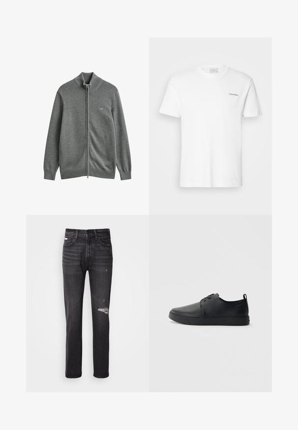 Cárdigan gris de punto con cremallera, con puños, cuello y bajo de canalé, con un pequeño logo bordado en el pecho izquierdo.; Camiseta de algodón blanca con mangas cortas y un escote en forma de cuello redondo. Presenta un pequeño logotipo negro de "Calvin Klein" en el lado izquierdo del pecho.; Jeans de mezclilla negra con un diseño de pierna recta, detalles desgastados en la rodilla, estilo de cinco bolsillos y un sutil acabado deslavado.; Zapatilla negra de cuero con acabado suave, punta redondeada, costuras a tono, cordones en la parte delantera y suela de goma plana. Asa en el talón.