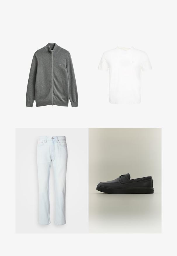 Grå strikket cardigan med lynlås, med ribstrikkede manchetter, krave og kant, med et lille broderet logo på venstre bryst.; Hvid T-shirt med korte ærmer og rund hals med lille broderet "ck" logo på venstre bryst.; Lyseblå denimjeans med lige ben. Har en knaplukning og bæltestropper, viser en falmet tekstur og minimal syning.; Sort afslappet læderloafer med snøredetaljer og tyk gummisål, vist fra siden på en neutral baggrund.