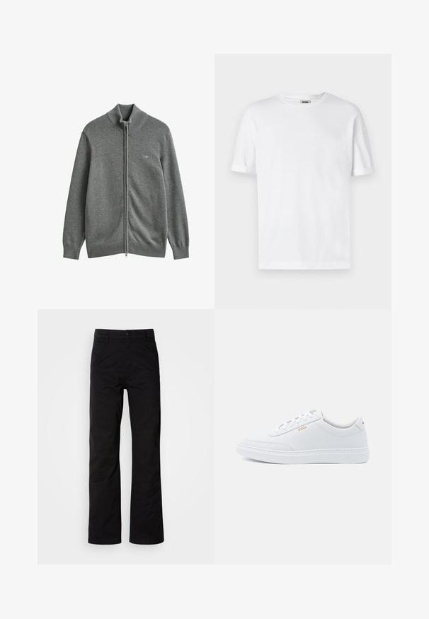 Cárdigan gris de punto con cremallera, con puños, cuello y bajo de canalé, con un pequeño logo bordado en el pecho izquierdo.; Camiseta de algodón blanca con cuello redondo, mangas cortas y puños enrollados; diseño sin adornos, textura suave y corte recto.; Pantalones de algodón negros con un diseño de pierna recta, que cuentan con un cierre de botón y lazos para cinturón. Textura suave y estilo minimalista sin patrones visibles.; Zapatillas de cuero blanco con textura suave, puntera redondeada y costuras tonales. Cuentan con cordones azules y un logo dorado en el lateral.