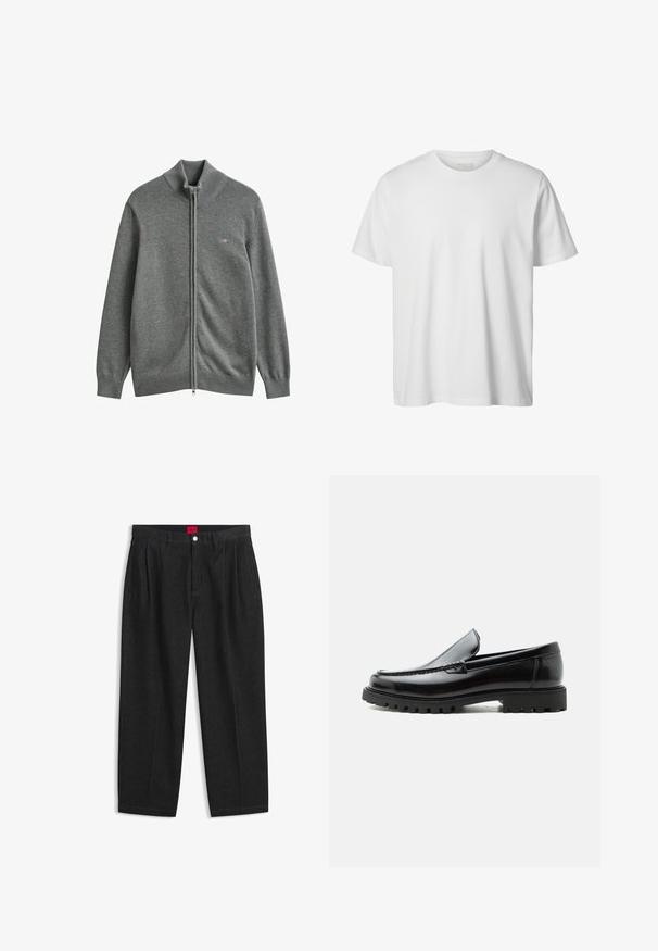 Grå strikket cardigan med lynlås, med ribstrikkede manchetter, krave og kant, med et lille broderet logo på venstre bryst.; Enkelt hvid T-shirt med korte ærmer og rund hals, løs pasform og uden synlige logoer eller designs foran.; Sorte bukser med høj talje med forreste læg, bæltestropper, knap og lynlås lukning samt en rød label indeni linningen.; Sort læderloafer med chunky gummisål, syet overdel og præget mærkenavn på hælen, vist i sideprofil på hvid baggrund.