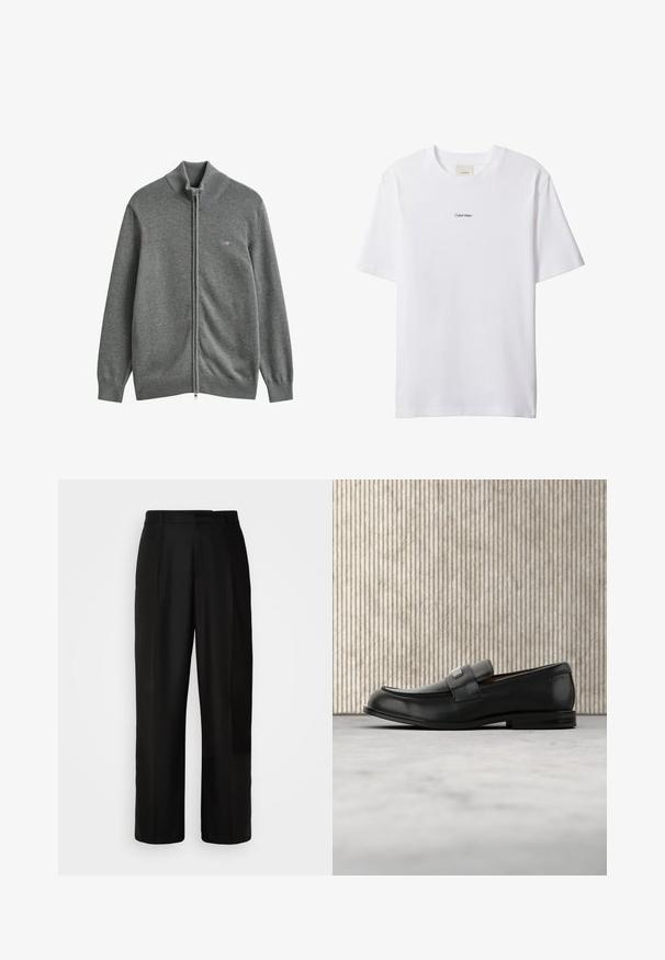 Cárdigan gris de punto con cremallera, con puños, cuello y bajo de canalé, con un pequeño logo bordado en el pecho izquierdo.; Camiseta blanca de algodón con cuello redondo y mangas cortas. Cuenta con un pequeño logo negro de "Calvin Klein" centrado en el pecho.; Pantalones negros con corte recto, textura suave, pliegues frontales y cintura estándar. Diseño minimalista sin patrones adicionales.; Mocasín de cuero negro con una placa metálica de marca apoyado cerca de una mesa redonda marrón sobre un suelo alfombrado beige.