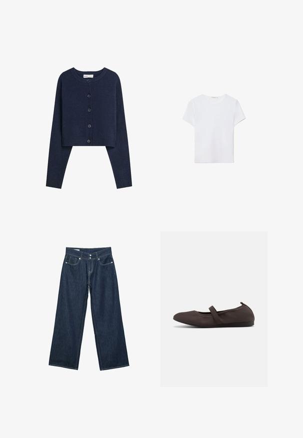 Gilet court navy en tissu doux avec des manches longues, un col rond et une fermeture à six boutons sur le devant.; T-shirt blanc à manches courtes en tissu doux. Dispose d'un col rond et d'un design simple et épuré avec un ourlet droit.; Jeans en denim bleu foncé à jambes larges avec fermeture à double bouton, poches avant et surpiqûres contrastantes sur fond blanc.; Ballerine marron avec bride élastique et bout arrondi, présentée sur fond blanc, vue de côté.
