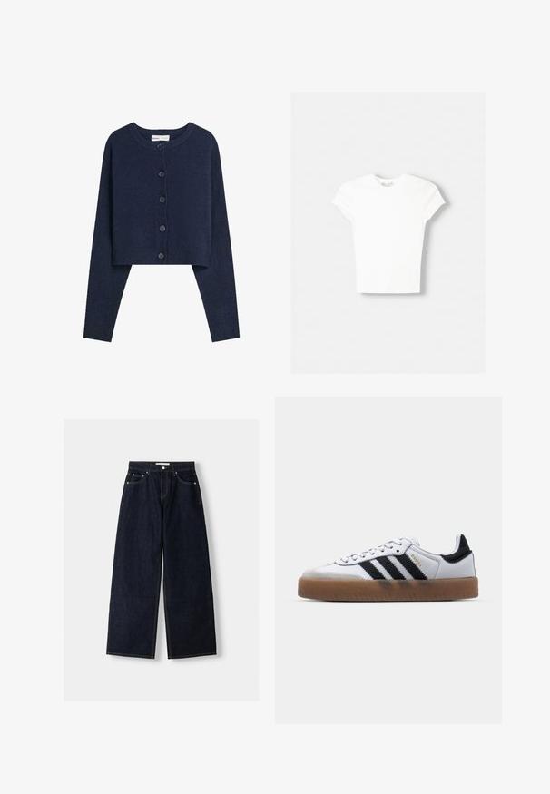 Marineblauwe cropped cardigan gemaakt van zacht materiaal, met lange mouwen, ronde halslijn en zes knopen aan de voorkant.; Witte t-shirt met korte mouwen van zachte katoen, met een ronde halslijn en een getailleerde vorm. Geen zichtbare patronen of versieringen.; Donkerblauwe denim wijduitlopende jeans met een hoge taille, vijf zakken, contrasterende stiksels en zilveren metalen hardware. Gladde textuur en een nette afwerking.; Witte leren sneakers met zwarte strepen, gumrubberen buitenzool, ronde neus, vetersluiting en een zachte grijze suède neuskap.