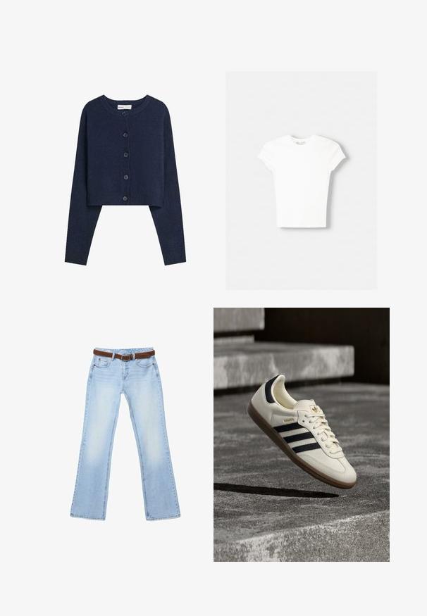 Gilet court navy en tissu doux avec des manches longues, un col rond et une fermeture à six boutons sur le devant.; T-shirt blanc à manches courtes en coton doux, avec un col rond et une coupe ajustée. Pas de motifs ni d'ornements visibles.; Jean bleu clair à jambe droite avec effet délavé et ceinture en cuir marron passé dans les passants, posé à plat sur un fond blanc.; Baskets blanches Adidas Samba avec des bandes noires et une semelle en gomme, flottant au-dessus de marches en béton gris texturé.