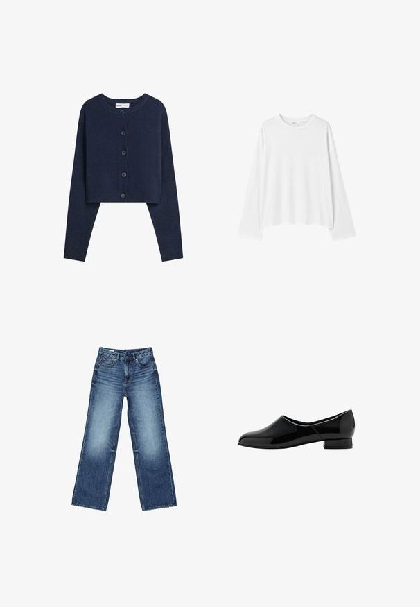 Gilet court navy en tissu doux avec des manches longues, un col rond et une fermeture à six boutons sur le devant.; T-shirt blanc uni à manches longues avec col rond, coupe décontractée et ourlet droit, présenté sur fond blanc.; Jean en denim bleu avec une taille haute, une fermeture à boutons et glissière à l'avant, des poches avant et arrière, et un lavage légèrement délavé.; Mocassin en cuir verni noir avec un bout arrondi et un petit talon carré. Surface lisse, design minimaliste, sans embellissements visibles.