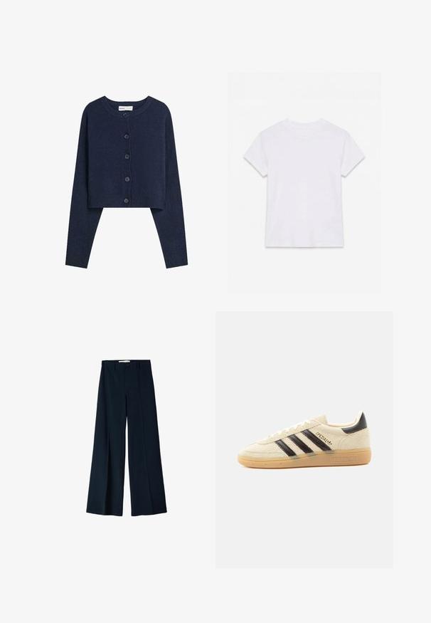 Marineblauwe cropped cardigan gemaakt van zacht materiaal, met lange mouwen, ronde halslijn en zes knopen aan de voorkant.; Effen wit katoenen T-shirt met korte mouwen en ronde hals, plat gelegd op een witte achtergrond.; Marineblauwe wijde broek gemaakt van een gladde stof, met twee voorplooien en een enkele knoopsluiting in de taille.; Crèmekleurige suède sneaker met zwarte strepen, rubberen zool, zwart hieltabje en gouden "SPEZIAL" tekst aan de zijkant.