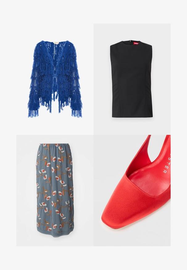 Blauwe gehaakte cardigan met franjes, met een open voorkant, lange mouwen en textuur garen. Heeft franjes van verschillende lengtes langs de randen.; Zwart mouwloos topje met hoge hals, voorste naden en een onzichtbare rits aan de achterkant. Gemaakt van gladde stof met een gestructureerde pasvorm.; Blauwe stoffen rok met een geplooide taille, versierd met geborduurde takken en kleurrijke bloemenpatronen in rood, wit en bruin.; Rode satijnen hoge hak schoen met een spitse neus en een uitgesneden zijkant, met een gladde textuur en een glanzende binnenvoering.