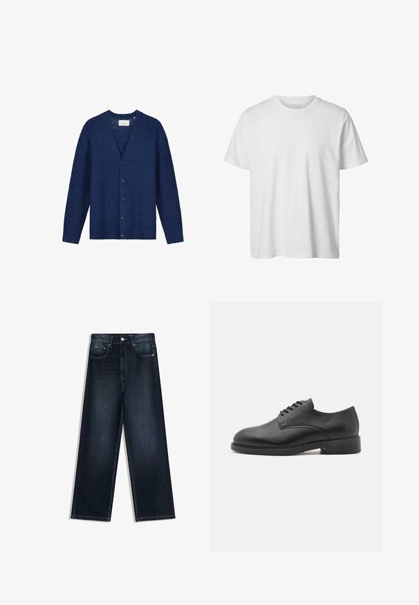 Cardigan bleu marine en tissu tricoté texturé, doté d'un décolleté en V, de manches longues et de six boutons sur le devant.; T-shirt blanc uni à manches courtes, col rond, coupe décontractée, sans logos ni motifs visibles à l'avant.; Jean en denim foncé à jambes larges avec une texture lisse, doté d'une fermeture à boutons sur le devant, de cinq poches et de détails de couture contrastants.; Chaussure oxford en cuir noir avec un bout rond, présentant une finition lisse, un laçage à cinq œillets et un petit talon empilé.