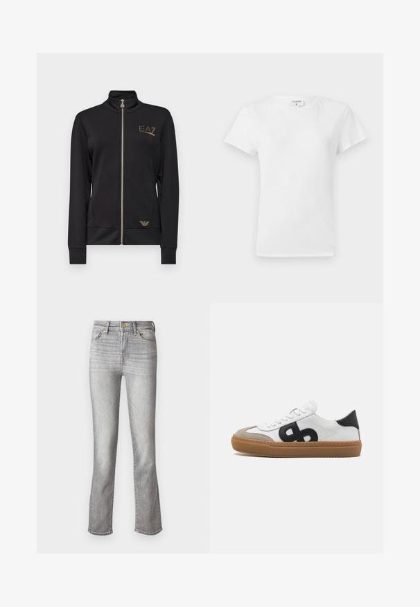 Zwarte zip-up jack met hoge kraag, gemaakt van gladde stof. Kenmerkt zich door gouden logo-accenten en een aangesloten ontwerp met ribgebreide manchetten.; Witte katoenen t-shirt met ronde hals en korte mouwen, met een relaxed fit en een minimalistisch ontwerp. Etiket zichtbaar aan de hals.; Grijze denim jeans met een rechte pijp, voorzien van een voorste knoopsluiting, vijf zakken en subtiele vervaging voor textuur.; Witte leren sneaker met zwart logo, suede accenten en een gumkleurige zool. Voorzien van platte witte veters en een rond toelopend ontwerp.