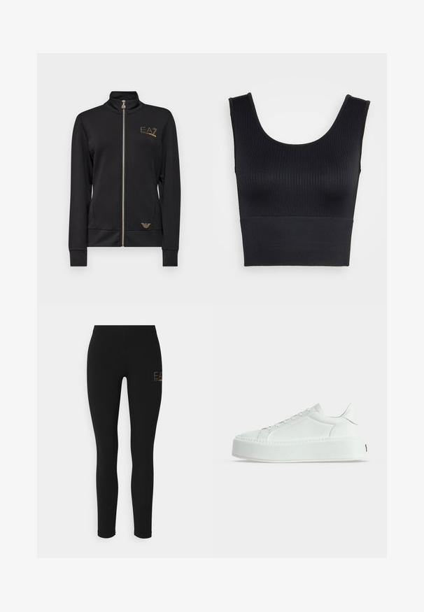 Zwarte zip-up jack met hoge kraag, gemaakt van gladde stof. Kenmerkt zich door gouden logo-accenten en een aangesloten ontwerp met ribgebreide manchetten.; By Malene Birger ESSENTIALS JAZMIN - Blouse - svart; Zwarte legging met een slim fit, gemaakt van rekbaar materiaal, met een gouden logo aan de linkerkant. Gladde textuur, volledig lange ontwerp.; Witte lage sneaker van gestructureerd leer, dikke plateauzool en veterluiting, zijaanzicht op een effen achtergrond.