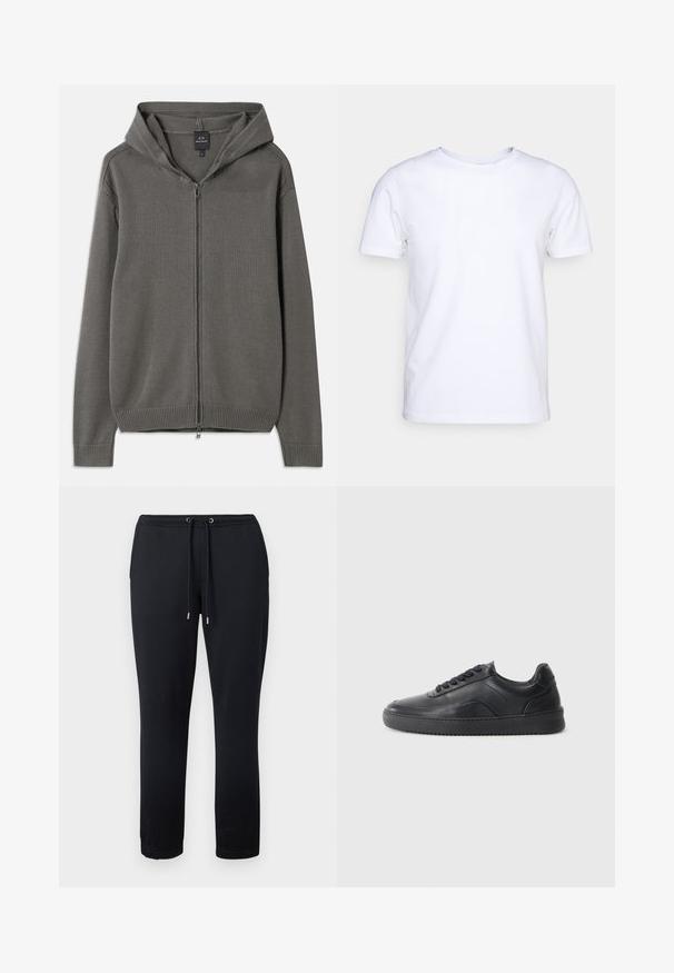 Sudadera con capucha de punto gris, con cremallera frontal completa, puños y dobladillo acanalados, y capucha con cordón. Textura suave con un diseño sencillo.; Camiseta blanca de manga corta en tejido de algodón con cuello redondo. Diseño simple sin patrones ni acentos. Textura suave.; Pantalones deportivos negros hechos de algodón suave, con una cinturilla elástica con cordones ajustables y puños estrechos para un ajuste ceñido.; Zapatilla negra de cuero con un acabado suave, punta redondeada, panel lateral texturizado y cordones negros. Presenta una suela de goma plana y un diseño minimalista.