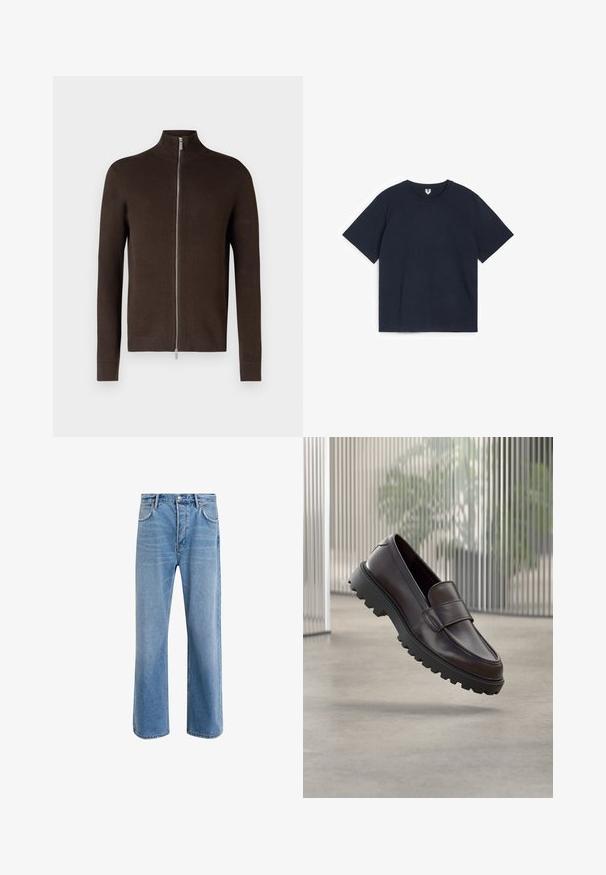Brun lynlås sweater med høj krave, lavet af tekstureret strikstof. Har lange ærmer og ribbede manchetter og kant.; Simpel sort kortærmet t-shirt med rund hals lagt fladt på en hvid baggrund, der viser forsiden og mærkaten i nakken.; Lyseblå denim jeans med lige ben-design, fem lommer, knaplukning, minimal falming og kontraststingdetaljer.; Brun lædersko uden snørebånd med rundet tå og solid sort gummisål. Har en dekorativ rem hen over vristen.