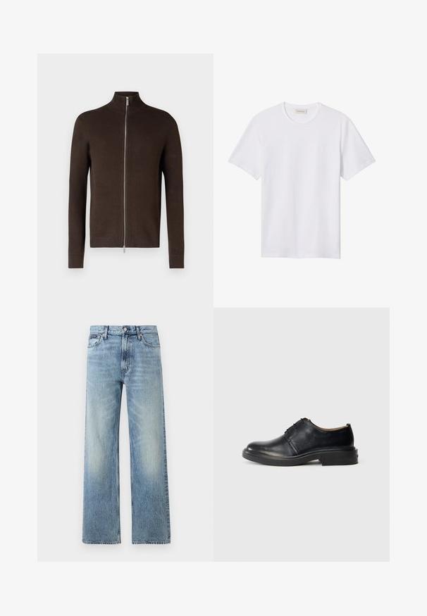 Pull en zip marron avec col haut, fabriqué en tissu tricoté texturé. Doté de manches longues et de bords côtelés aux poignets et à l'ourlet.; T-shirt blanc uni à manches courtes avec col rond, doté d'un petit logo embossé sur la poitrine gauche et d'une étiquette de marque à l'intérieur du col.; Jean droit en denim bleu clair avec taille haute, cinq poches, fermeture à boutons et léger délavage sur les cuisses et les genoux.; Chaussure oxford en cuir noir avec un bout rond, un laçage à l'avant et un petit talon empilé, sur fond clair.