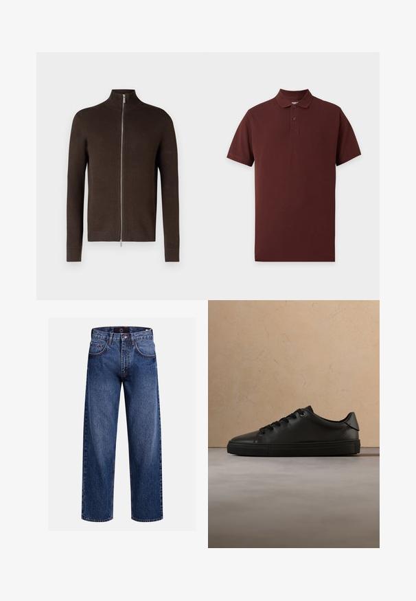 Brun lynlås sweater med høj krave, lavet af tekstureret strikstof. Har lange ærmer og ribbede manchetter og kant.; Kortærmet mørkebrun polo med to knapper foran og en klassisk krave, vist på en ensartet lyse baggrund.; Denimjeans med vide ben i mørkeblå, med lynlås, fem lommer og kontrastsyede detaljer for ekstra tekstur og udtryk.; Sort lædersneakers med sorte snørebånd flydende over et beige tæppe og en beige sofa i en minimalistisk indendørs indretning.