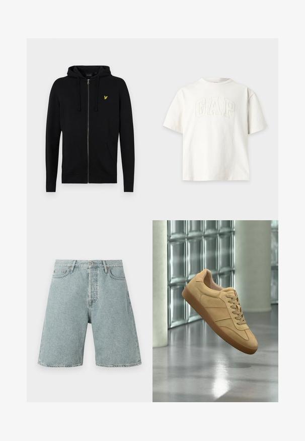 Sort zip-up hættejakke lavet af blødt stof, med snoretræk til hætten, frontlommer og et lille gult ørne-logo på brystet.; Hvid T-shirt med korte ærmer og rund hals med præget GAP-logo foran, vist mod en ensartet lys baggrund.; Lysblå denim shorts med en afslappet pasform, fem lommer og knaplukning. Slidt udseende med synlige sømdetaljer.; Beige ruskind sneaker med gummisål, snørelukning, svæver indendørs på poleret betongulv nær glasblokvæg.