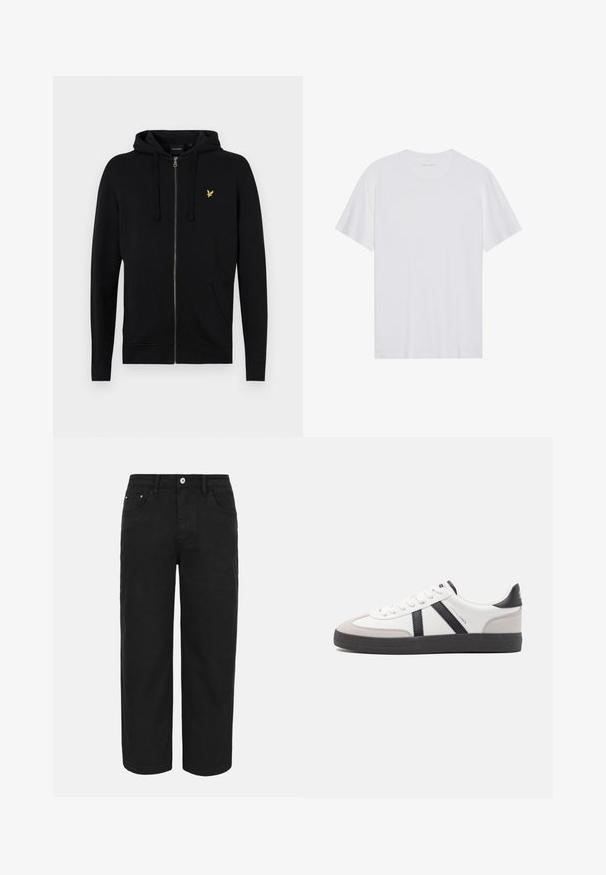 Zwarte rits hoodies gemaakt van zachte stof, met een trekkoordcapuchon, voorzakken en een klein geel adelaarslogo op de borst.; Witte katoenen T-shirt met korte mouwen, een ronde hals en een gladde textuur. Heeft minimale branding op de halslijn.; Zwarte rechte broek met knoop- en ritssluiting aan de voorkant, riemlussen en drie voorzakken op een effen lichte achtergrond.; Witte sneaker met zwarte en grijze accenten, voorzien van een grijze neus met textuur, zwarte rubberen zool en platte witte veters. Schoon ontwerp, minimalistische stijl.