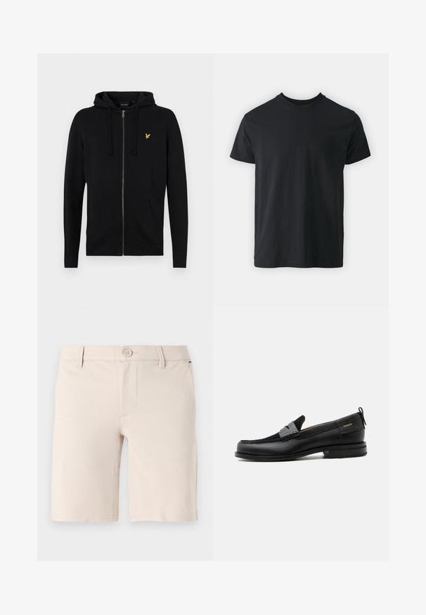 Sort zip-up hættejakke lavet af blødt stof, med snoretræk til hætten, frontlommer og et lille gult ørne-logo på brystet.; Sort bomulds t-shirt med kortærmer, rund halsudskæring og en afslappet pasform. Glat tekstur og lige kant, ingen synlige grafikker eller mønstre.; Beige shorts lavet af glat stof; har en knaplukning, bæltestropper og et rent frontdesign med lige benåbninger.; Sort læderloafer med grå remdetalje, lav hæl og tekstureret sål, mærket med "HUGO" i guld på siden.