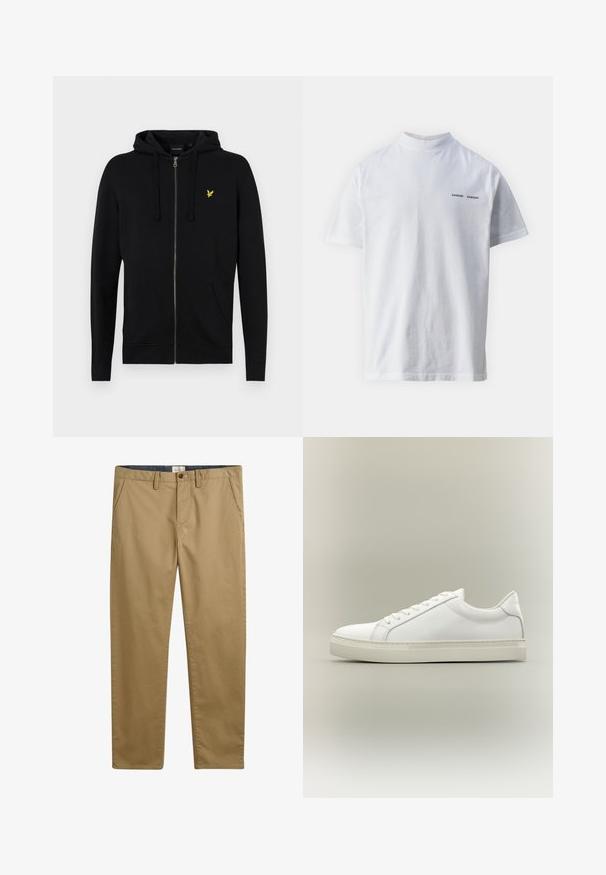 Sort zip-up hættejakke lavet af blødt stof, med snoretræk til hætten, frontlommer og et lille gult ørne-logo på brystet.; Hvid bomulds t-shirt med høj halsudskæring og korte ærmer. Har "SAMSØE SAMSØE" logo i sort på forsiden. Glat tekstur.; Khaki bomuldsbukser med lige pasform, der har sidelommer, knaplukning og et struktureret stof.; Hvid lavtop sneaker med snørebånd foran og tyk sål, vist fra siden mod en neutral baggrund.