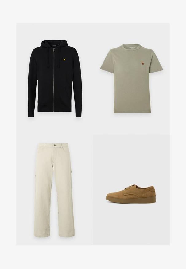Sort zip-up hættejakke lavet af blødt stof, med snoretræk til hætten, frontlommer og et lille gult ørne-logo på brystet.; Salviegrøn t-shirt med korte ærmer og rund hals, med lille brun elg-logo på venstre bryst.; Beige og hvide, lodrette, stribede bukser med lige ben, knaplukning, bæltestropper og sidelommer, vist på en ensfarvet baggrund.; Brun ruskindslærredsko med snørebånd og flad gummisål, set fra siden på en ensfarvet lys baggrund.