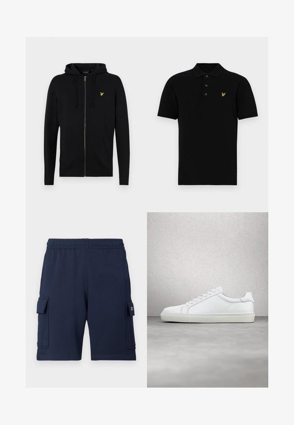 Sort zip-up hættejakke lavet af blødt stof, med snoretræk til hætten, frontlommer og et lille gult ørne-logo på brystet.; Sort poloshirt i bomuldsblanding med tre-knap lukning, korte ærmer og et lille gult emblem på venstre bryst.; Marineblå cargoshorts lavet af blødt stof, med elastisk taljebånd, to sidelommer og et lille logo på venstre lomme.; Hvide sneakers med en glat læderoverdel og lav profil. Har en rund tå, seks snørehuller og en tekstureret gummisål.