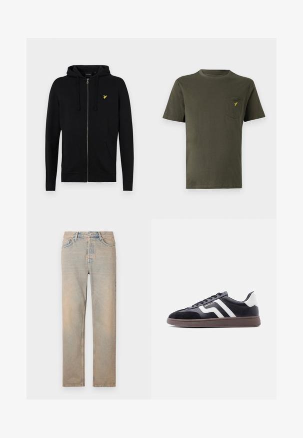Μαύρο φούτερ με φερμουάρ από μαλακό ύφασμα, με κουκούλα που ρυθμίζεται με κορδόνι, μπροστινές τσέπες και ένα μικρό κίτρινο λογότυπο αετού στο στήθος.; Ελαφρώς πράσινο βαμβακερό μπλουζάκι με στρογγυλή λαιμόκοψη, κοντά μανίκια και τσέπη στο αριστερό στήθος με μικρό κίτρινο λογότυπο. Απαλή υφή.; Ανοιχτό μπεζ τζιν παντελόνι με ίσια γραμμή. Διαθέτει πέντε τσέπες, κλείσιμο με κουμπί και διακριτική φθορά στην επιφάνεια του υφάσματος.; Μαύρα αθλητικά παπούτσια με σουέντ και συνθετικό υλικό, λευκές διαγώνιες ρίγες και καφέ υφή σόλα. Διαθέτουν κορδόνια και μαξιλαρωμένο γιακά.