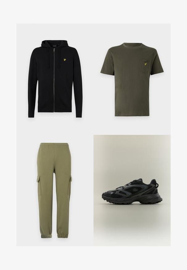 Sort zip-up hættejakke lavet af blødt stof, med snoretræk til hætten, frontlommer og et lille gult ørne-logo på brystet.; Olivengrøn bomulds t-shirt med ribbet krave, korte ærmer og en venstre brystlomme med et lille gult logo. Glat tekstur.; Cargo bukser i olivengrønt letvægtsstof, med sidelommer, elastisk talje og taperede manchetter for en tætsiddende pasform.; Sort atletisk sko med meshpaneler, en tekstureret sål, snørebånd og en buet silhuet med sølvfarvede accenter på siderne.