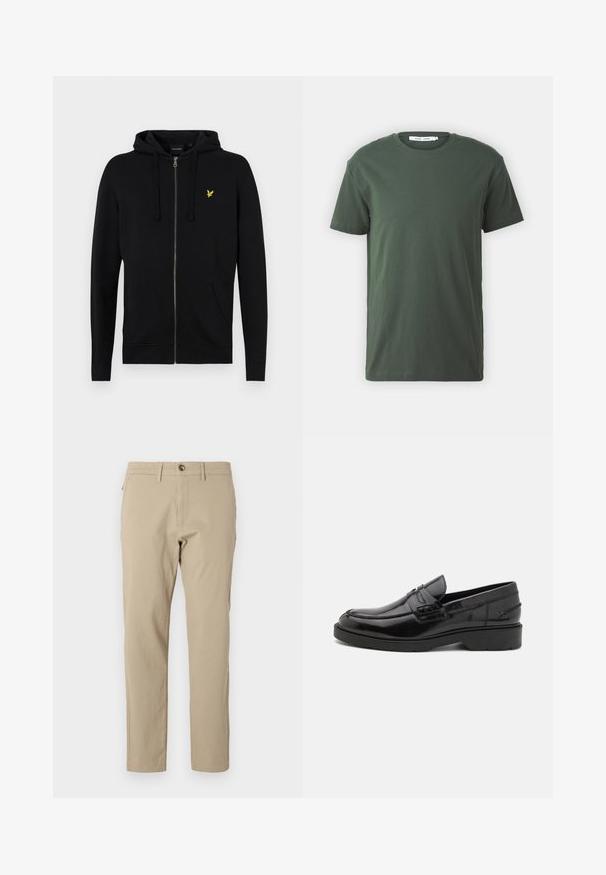 Sort zip-up hættejakke lavet af blødt stof, med snoretræk til hætten, frontlommer og et lille gult ørne-logo på brystet.; Mørkegrøn bomulds T-shirt, korte ærmer, rund hals, afslappet pasform, ensfarvet design og glat tekstur uden synlige mønstre eller detaljer.; Beige bomuldsbukser med lige pasform, knaplukning og to sidelommer. Glat tekstur og minimalistisk design.; Sorte læder loafers med en glat finish, rund tå, lav hæl og dekorativ syning langs forsiden. Gummisål for godt greb.