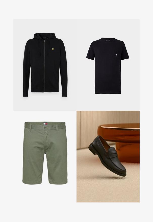 Sort zip-up hættejakke lavet af blødt stof, med snoretræk til hætten, frontlommer og et lille gult ørne-logo på brystet.; Sort bomulds t-shirt med kortærmer, rund hals og en forlommer med et lille hvidt fuglelogo. Blød tekstur og enkelt design.; Olivengrønne shorts lavet af bomuld med en glat tekstur. Har en knaplukning og et lille logo-patch på linningen.; Sort læder herreloafer med bånd tværs over toppen, vist på beige tæppe nær et brunt moderne rundt bord.