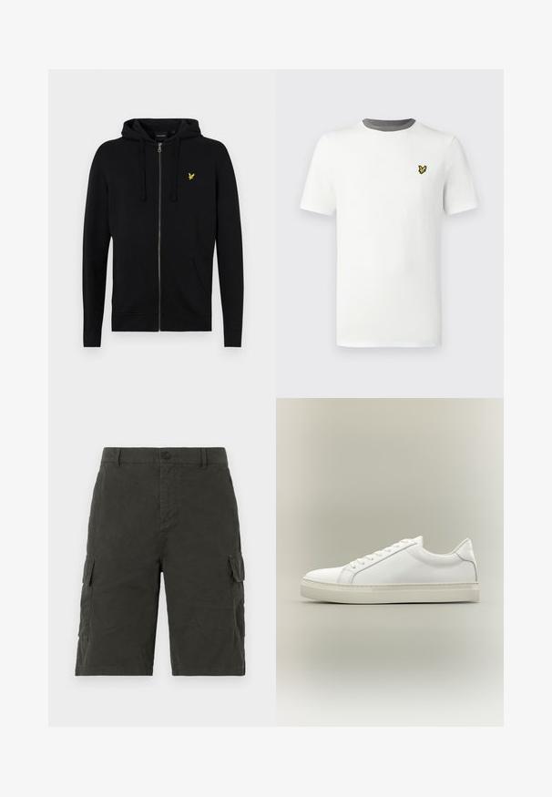 Sort zip-up hættejakke lavet af blødt stof, med snoretræk til hætten, frontlommer og et lille gult ørne-logo på brystet.; Hvid bomulds-T-shirt med rund hals, korte ærmer og grå halskant; har en lille gul broderet logo på brystet.; Mørkegrønne cargo shorts lavet af et letvægtigt stof, med to sidelommer og en knaplukning i taljen.; Hvid lavtop sneaker med snørebånd foran og tyk sål, vist fra siden mod en neutral baggrund.
