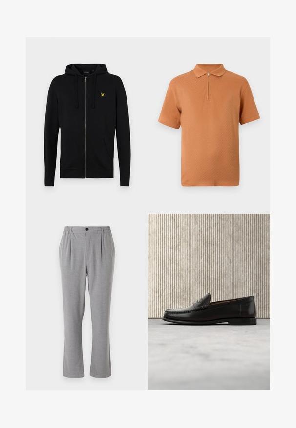 Sort zip-up hættejakke lavet af blødt stof, med snoretræk til hætten, frontlommer og et lille gult ørne-logo på brystet.; Herre kortærmet tekstureret orange polo shirt med lynlås ved halsen og klassisk krave på hvid baggrund.; Grå bukser med et tekstureret stof, der har en knaplukning og elastisk talje. Lige ben-design med sidelæg.; Sort læder penny loafer med lav hæl, rundet tå og syningsdetaljer langs fronten og siderne, vist på neutral baggrund.