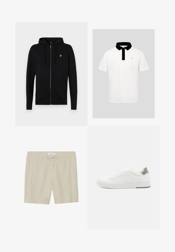 Sort zip-up hættejakke lavet af blødt stof, med snoretræk til hætten, frontlommer og et lille gult ørne-logo på brystet.; Hvid kortærmet poloshirt med sort krave og knapstolpe, der har en lille gul fuglelogo på venstre bryst.; Kaki-farvede shorts lavet af blød tekstil, med snoretræk i taljen, to sidelommer og en afslappet pasform.; Hvid sneaker lavet af glat læder, rund tå, minimalistisk design, grå hælafsats og tekstureret gummisål.