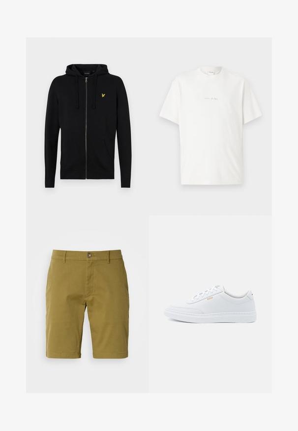 Sort zip-up hættejakke lavet af blødt stof, med snoretræk til hætten, frontlommer og et lille gult ørne-logo på brystet.; Hvid bomulds T-shirt med rund hals, korte ærmer og et lille trykt logo på forsiden. Glat tekstur og afslappet pasform.; Oliven grønne shorts lavet af bomuldsblanding, med frontknaplukning, bæltestropper og sidelommer. Glat tekstur, skræddersyet pasform.; Hvide lædersneakers med glat tekstur, rund tå og ton-i-ton syning. Har blå snørebånd og et gult logo på siden.