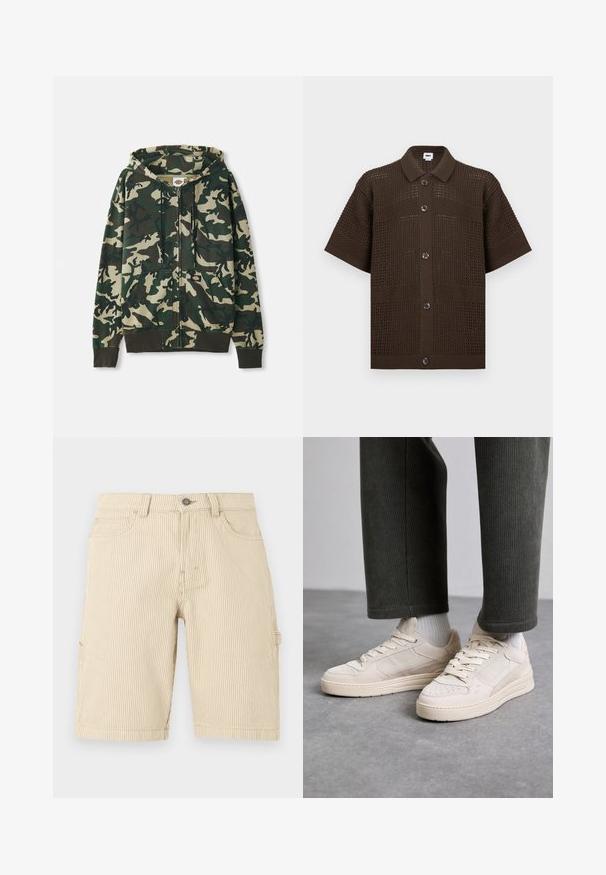Camo zip-up hoodie met een mix van donker groen, licht groen en beige patronen, voorzien van een voorzak en een capuchon met trekkoord.; Donkerbruin, kortärmelig gebreid shirt met knoopsluiting aan de voorkant, spreidkraag en een gestructureerd opengeweven patroon.; Beige en wit gestreepte knielange shorts met verticale strepen, voorzien van riemlussen, een knoop aan de voorkant, rits, zijzakken en een kleine lus aan de rechterkant.; Beige sneakers van suede en mesh, met geperforeerde accenten, platte veters en een dikke zool. Dragen met groene corduroy broek.