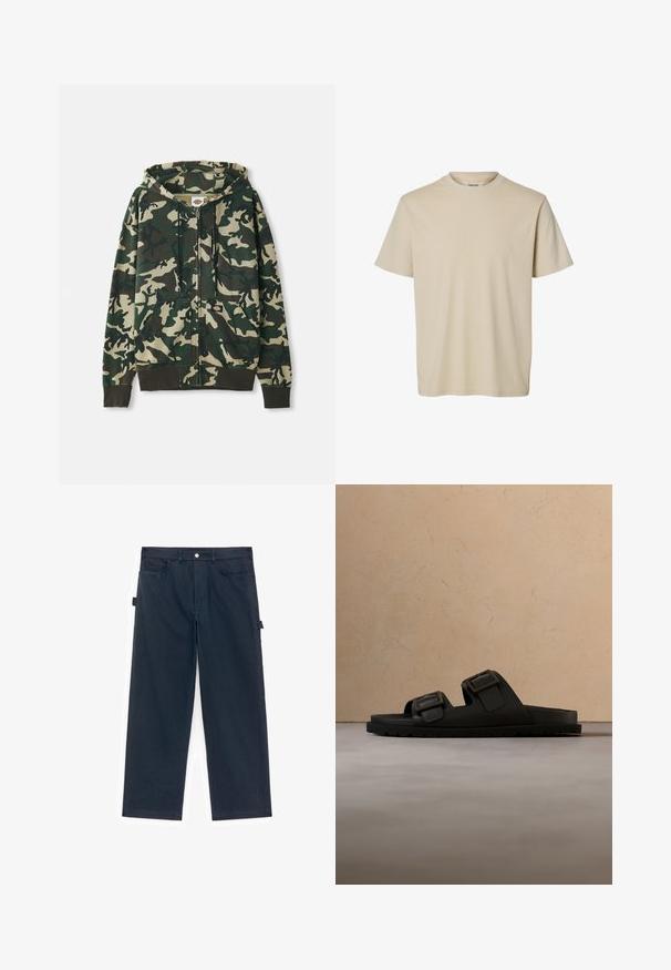 Camo zip-up hoodie met een mix van donker groen, licht groen en beige patronen, voorzien van een voorzak en een capuchon met trekkoord.; Beige T-shirt met korte mouwen, geribbelde stof en ronde hals, met een comfortabele pasvorm, op een witte achtergrond.; Donkerblauwe cargobroek van katoen, met een rechte pijp, zijzakken en een knoopsluiting in de tailleband.; Zwarte slipper met twee verstelbare zilveren gespen, rustend op een beige gestructureerd tapijt, vlakbij een ronde houten koffietafel met gestapelde boeken.
