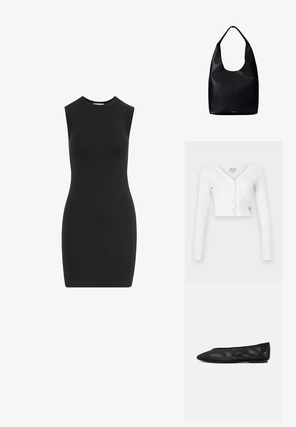 Weißer, taillierter Cardigan mit V-Ausschnitt, langen Ärmeln und sechs Knöpfen auf der Vorderseite. Besitzt ein kleines Markenetikett am unteren linken Rand.; Schwarzes ärmelloses Kleid aus glattem, elastischem Stoff. Verfügt über einen hohen Kragen und ein kleines, geprägt Logo auf der Brust. Figurbetontes Design.; Schwarzer Mesh-Flachschuh mit geschlossener Spitze und niedrigem Absatz, mit atmungsaktivem gewebtem Design und dezentem seitlichem Logo.; Schwarze Leder-Shopper-Tasche mit einem breiten einzelnen Schulterriemen und einem dezenten Calvin Klein-Logo in der unteren Mitte.