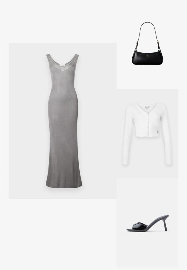 Witte korte cardigan met een V-hals, lange mouwen en zes knopen aan de voorkant. Bevat een klein merklabel aan de onderkant links.; Calvin Klein Jeans Maxi-jurk - titanium; Zwarte lakleren open-teen sandalen met hak, met een gebogen bovenkant ontwerp en een taps toelopende naaldhak. Gladde glanzende afwerking.; Zwarte leren mini schoudertas met een dun riempje en klein goudkleurig CK-logo aan de voorkant in het midden.