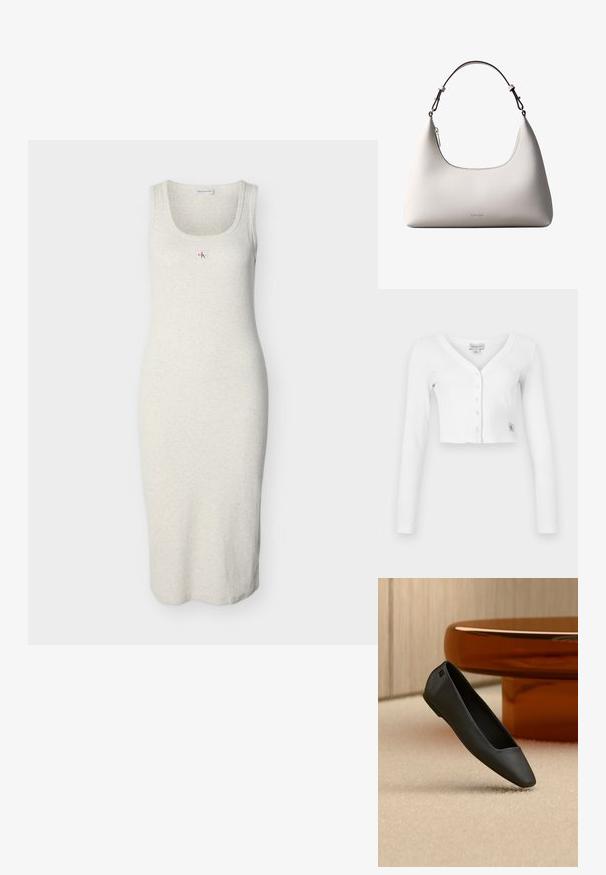 Witte korte cardigan met een V-hals, lange mouwen en zes knopen aan de voorkant. Bevat een klein merklabel aan de onderkant links.; Lichtgrijze, mouwloze strakke jurk gemaakt van zacht katoen. Heeft een ronde halslijn en een klein logo in het midden. Lengte tot halverwege de kuit.; Zwarte platte schoen met puntige neus, rustend op een beige tapijt naast een ronde amberkleurige tafel in een minimalistische kamer.; Romige Calvin Klein leren schoudertas met gebogen bovenrand, zilveren rits en donkerbruine verstelbare riem.