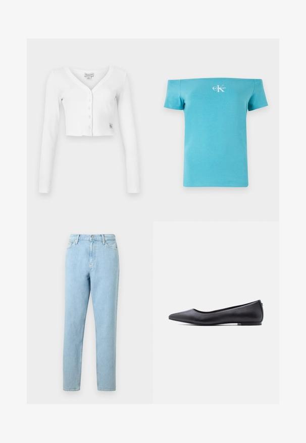 Cárdigan blanco recortado con escote en V, mangas largas y seis botones en la parte delantera. Presenta un pequeño parche de la marca en la parte inferior izquierda.; Camiseta turquesa sin mangas hecha de algodón suave, con mangas cortas y un gráfico de logo blanco en la parte delantera.; Pantalones vaqueros de denim azul claro con un corte recto, diseño de cinco bolsillos y cierre de botones. Presentan un ligero desvanecimiento y una textura suave.; Zapato plano de cuero negro con punta puntiaguda y tacón bajo, mostrado de perfil contra un fondo blanco.