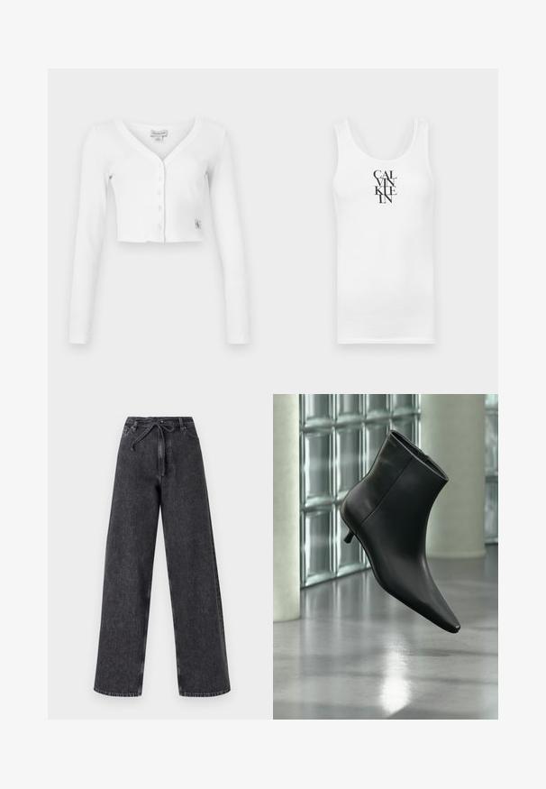 Weißer, taillierter Cardigan mit V-Ausschnitt, langen Ärmeln und sechs Knöpfen auf der Vorderseite. Besitzt ein kleines Markenetikett am unteren linken Rand.; Weißes Tanktop mit rundem Halsausschnitt, aus Baumwolle. Mit vertikalem, schwarzem Text "CALVINKLEIN" in einer fetten Serifenschrift.; Hochtaillierte, weit geschnittene schwarze Jeans aus Denim mit einem Kordelzugverschluss. Verfügt über eine verwaschene Textur und subtile Steppdetails.; Schwarzer Leder-Stiefelette mit spitzer Zehenpartie und niedrigem Kitten-Heel, schräg dargestellt vor einem polierten Boden und einer Glasbausteinwand.
