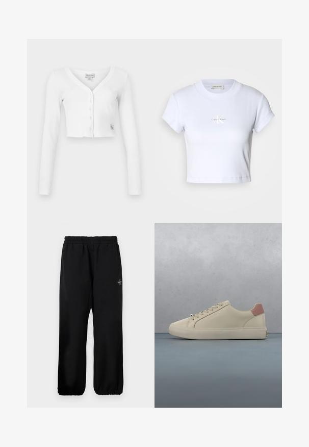 Weißer, taillierter Cardigan mit V-Ausschnitt, langen Ärmeln und sechs Knöpfen auf der Vorderseite. Besitzt ein kleines Markenetikett am unteren linken Rand.; Weißes, kurzes T-Shirt mit rundem Ausschnitt und kurzen Ärmeln, das in der Mitte mit einem dezenten "Calvin Klein"-Logo versehen ist.; Schwarze Sweatpants mit einem elastischen Bund, weit geschnittenen Beinen und einem kleinen Logodetail auf der linken Seite. Glatte Stoffoberfläche.; Sneaker in Cremeton mit pinkem Fersenlasche, beigen Schnürsenkeln und glattem Obermaterial, schwebt über einem Holzfliesenboden mit Kieselsteinlücken im Freien.