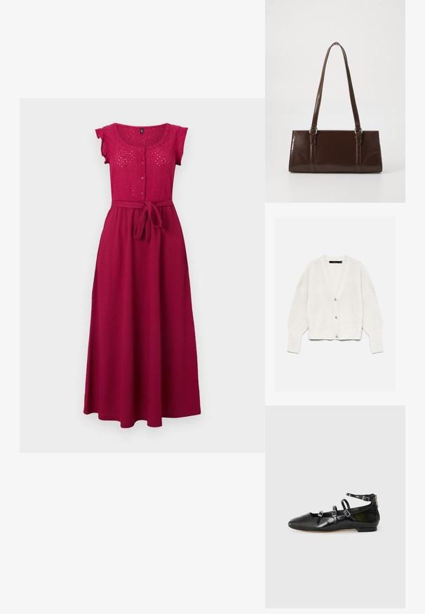 Cardigan blanc en maille avec manches longues et trois boutons sur le devant, présenté sur un fond uni clair.; Robe midi fuchsia sans manches avec corsage en dentelle œillets, boutons sur le devant et ceinture en tissu nouée à la taille, sur un fond clair.; ALDO NELTA - Ballerines - black; Sac à main en cuir verni marron de forme rectangulaire, avec deux longues poignées et des accents courbés subtils à l'avant.