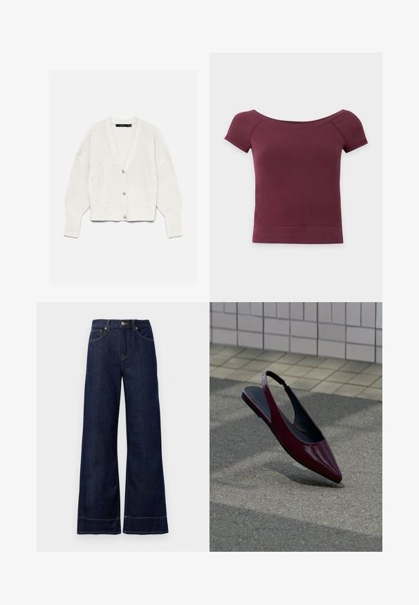 White knitted cardigan with long sleeves and three buttons down the front, displayed on a plain light background.; Short-sleeve, off-the-shoulder cropped top in solid dark burgundy fabric with ribbed hem and neckline.; Dark blue wide-leg jeans made from denim. Features a button closure, stitching details, and side pockets. Flared bottom hem.; Maroon patent leather slingback flat shoe with pointed toe floating above textured pavement near tiled wall.