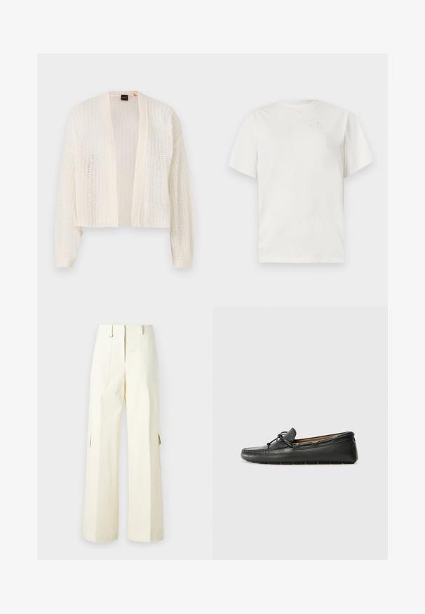 Cárdigan de punto abierto, hecho de material ligero en color blanco roto, con mangas largas y un dobladillo corto. Sin cierres ni características adicionales.; Camiseta de algodón blanca con cuello redondo, mangas cortas y un logo sutil en relieve en el pecho. Textura suave y corte relajado.; Pantalones cargo de pierna ancha en tela de color crema claro, con bolsillos tipo parche, cintura alta y aberturas laterales para añadir detalle y funcionalidad.; Zapato náutico de cuero negro con punta redondeada, detalles de costura, pequeño lazo decorativo y suela de goma. Textura suave y diseño aerodinámico.