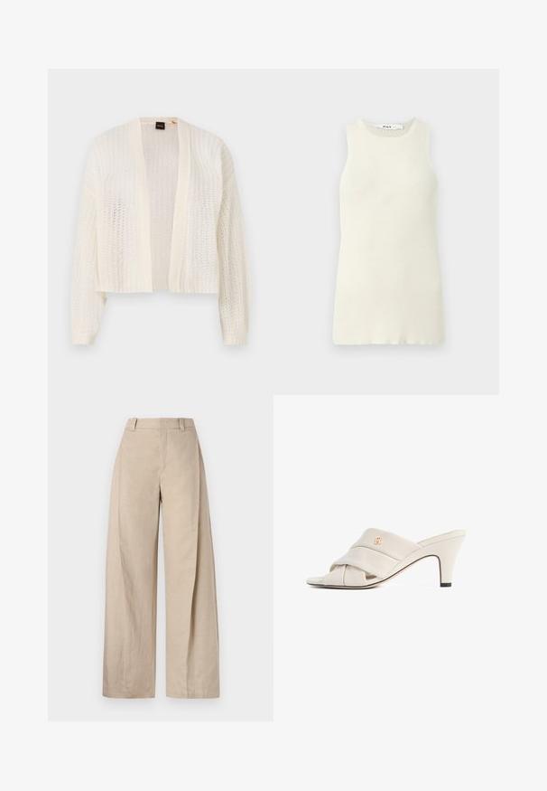Cardigan en tricot ouvert, fabriqué en matériau léger de couleur blanc cassé, avec des manches longues et un ourlet court. Sans fermetures ni fonctionnalités supplémentaires.; Débardeur sans manches couleur crème en tissu côtelé, avec un col rond et une coupe près du corps. Aucun motif ni accent visible.; Pantalons larges en lin beige à taille haute, avec une texture lisse et des lignes épurées, conçus pour un ajustement décontracté.; Mules à talons hauts beiges avec un design de bride en cuir torsadé, bout ouvert et motif de logo en relief. Le talon présente un détail d'embout noir.