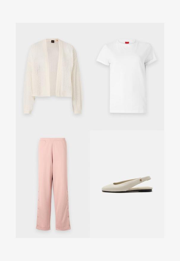 Cardigan en tricot ouvert, fabriqué en matériau léger de couleur blanc cassé, avec des manches longues et un ourlet court. Sans fermetures ni fonctionnalités supplémentaires.; T-shirt blanc à manches courtes en coton léger. Présente un col rond et des manches retroussées. Étiquette logo rouge sur le col.; Un pantalon large rose clair en tissu doux, avec un motif en relief subtil et des boutons décoratifs le long de la couture latérale.; Chaussure plate slingback en cuir couleur crème avec un bout arrondi et un petit emblème doré sur la bride.