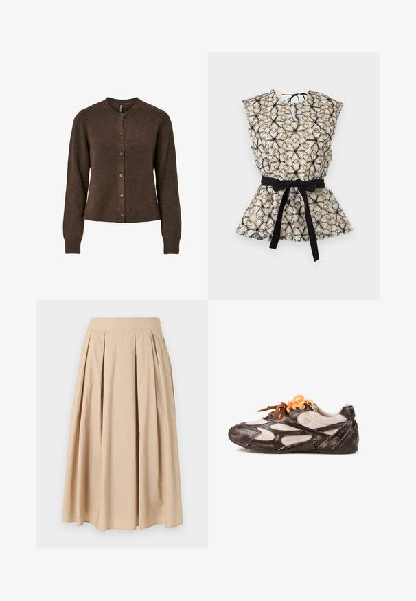 Cardigan marron avec un col rond, des manches longues et une fermeture à bouton. Fabriqué à partir d'un matériau texturé doux, il présente une silhouette ajustée.; Haut crème sans manches avec motif floral abstrait noir, col en V et nœud noir à la taille sur fond uni.; Jupe plissée beige, longueur au genou, avec une large ceinture, réalisée en tissu léger, présentée sur un fond blanc uni.; Chaussure de sport marron et crème au design élégant et profil bas. Composée de cuir et de textile, avec des lacets orange contrastants et des accents texturés.