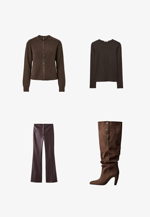 Brun cardigan med rund hals, lange ærmer og knaplukning. Fremstillet af et blødt tekstureret materiale, med en tætsiddende silhuet.; Langærmet, mørkebrun bluse lavet af blødt stof. Har en rund halsudskæring og en lige kant uden synlige mønstre eller detaljer.; Brune flarebukser lavet af et glat stof med en elegant finish. Har en lynlås foran og en ren talje.; Brune ruskind knæhøje støvler med spids tå og slank hæl. Har to sølvfarvede trykknapper og et samlet design i overdelen.